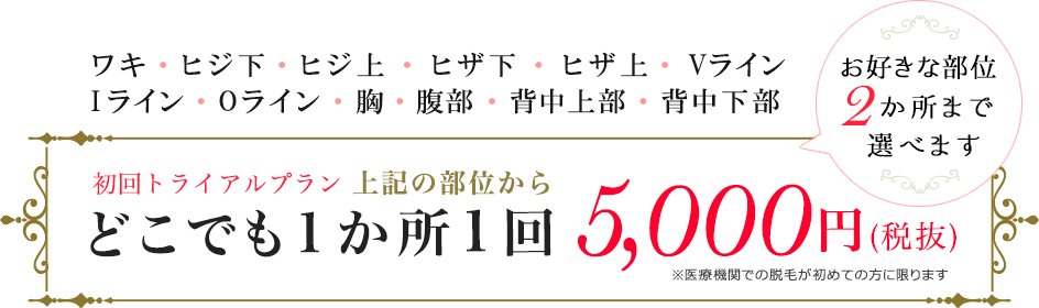 医療レーザー脱毛　初回トライアルプラン　5000円